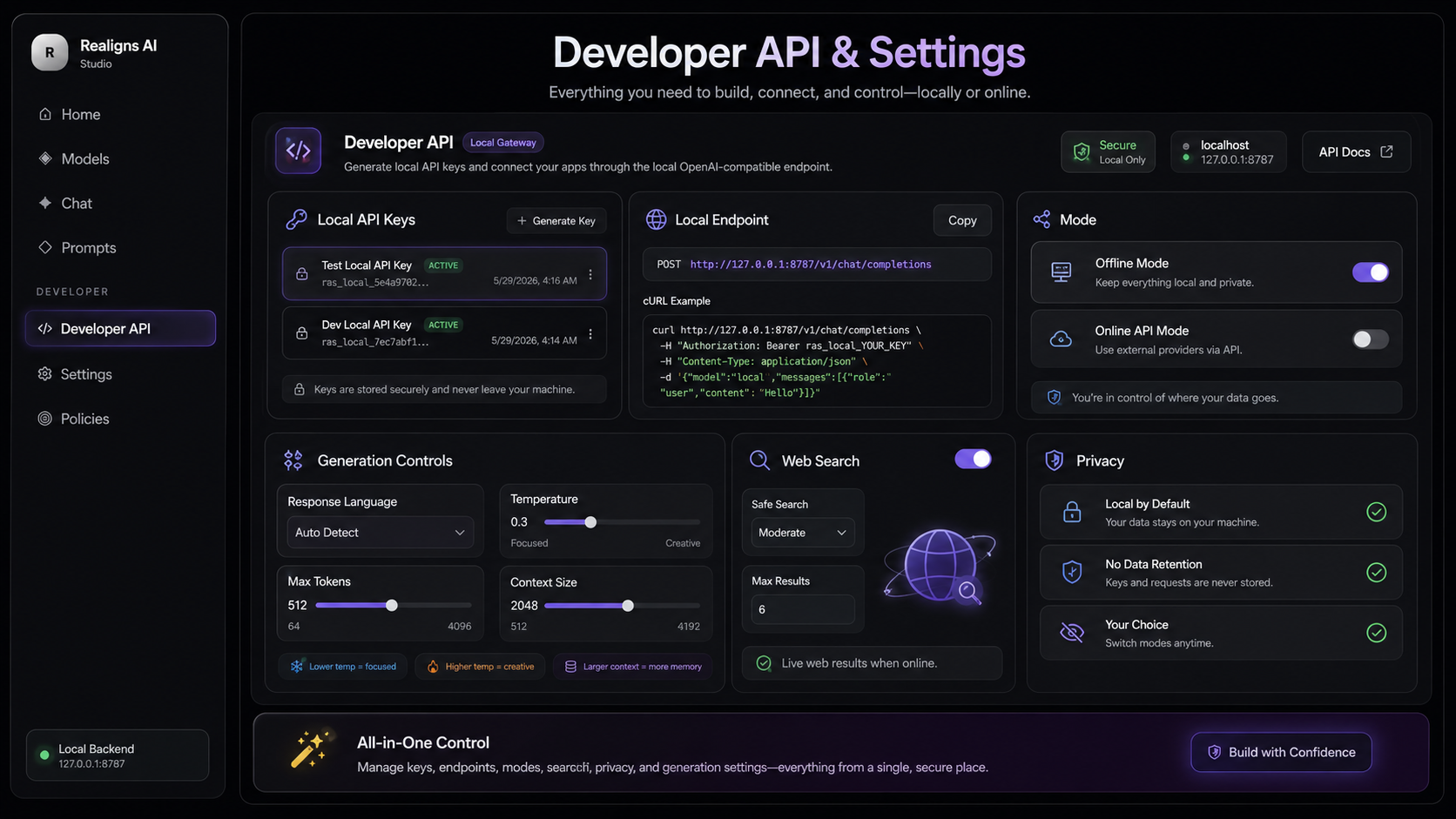 Developer API settings UI